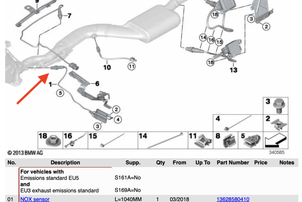 Realoem screenshot showing the front NOx sensor
